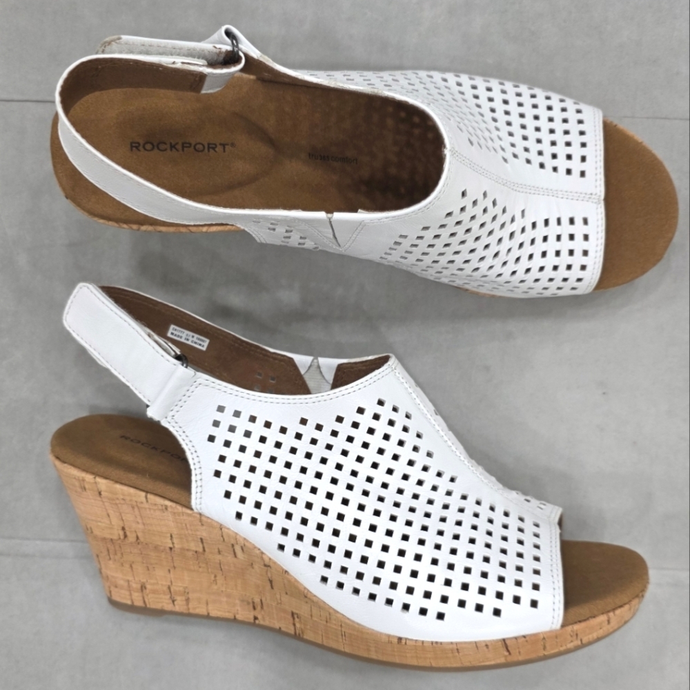 Rockport White Perforated Leather Cork Wedges